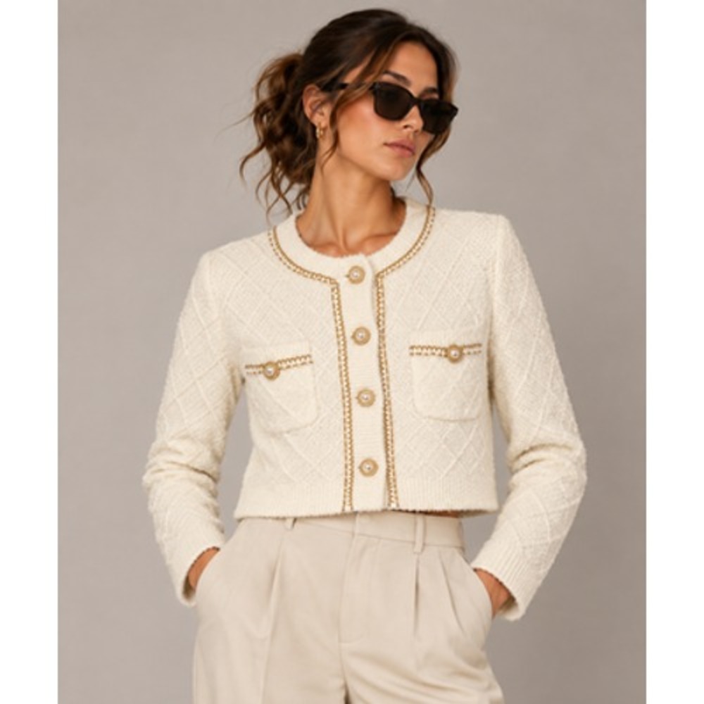 Urban Revivo Cardigan Sweater Womens Small 4 Pearl Button Tweed Cropped Chain